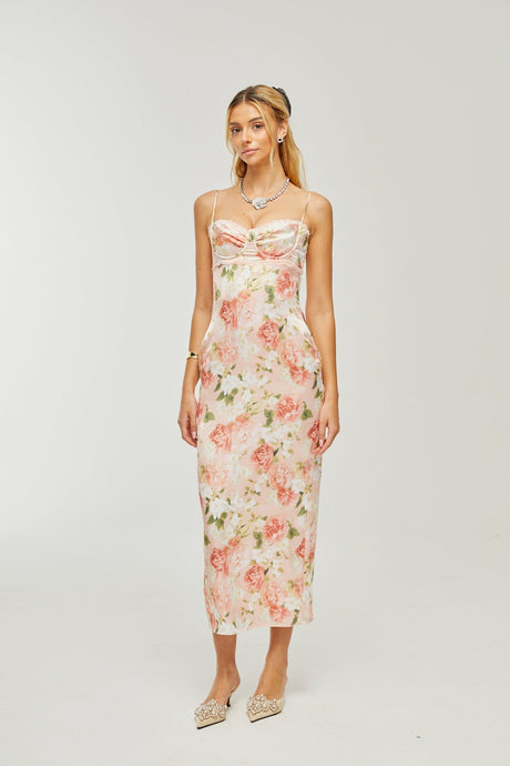Yvette pink floralprint satin maxi dress