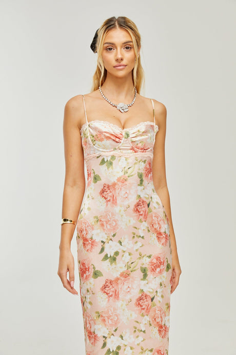 Yvette pink floralprint satin maxi dress