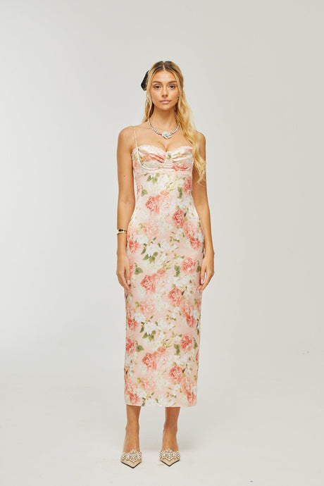 Yvette pink floralprint satin maxi dress