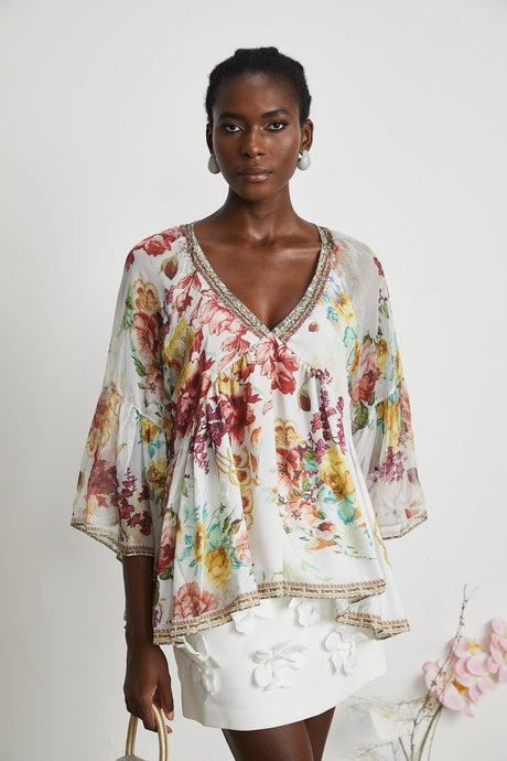 Yvonne Vneck floralprint embellished blouse