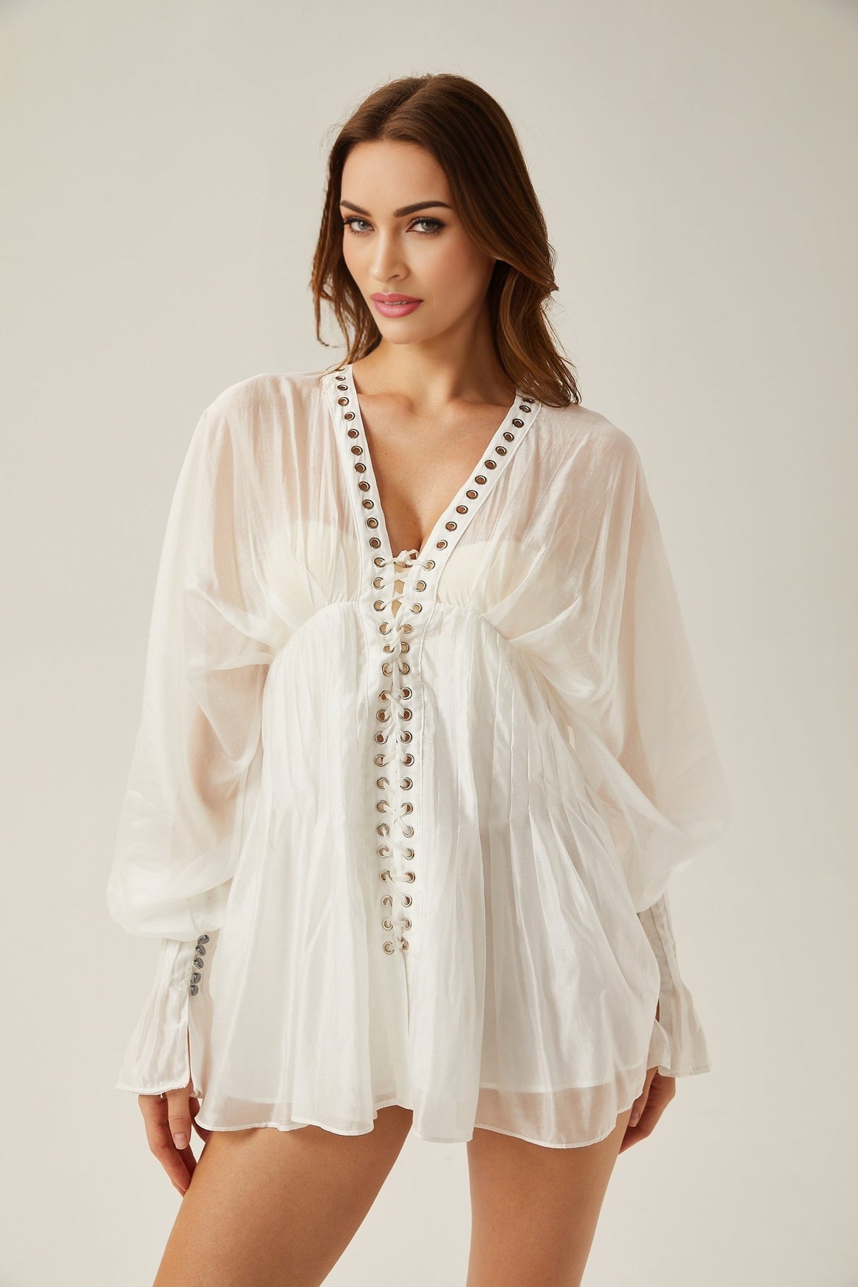 Yvonne Vneck fronttie semisheer mini dress