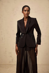 Zaira Blazer & Trousers Set Sequin Embellished Black Matching Suit