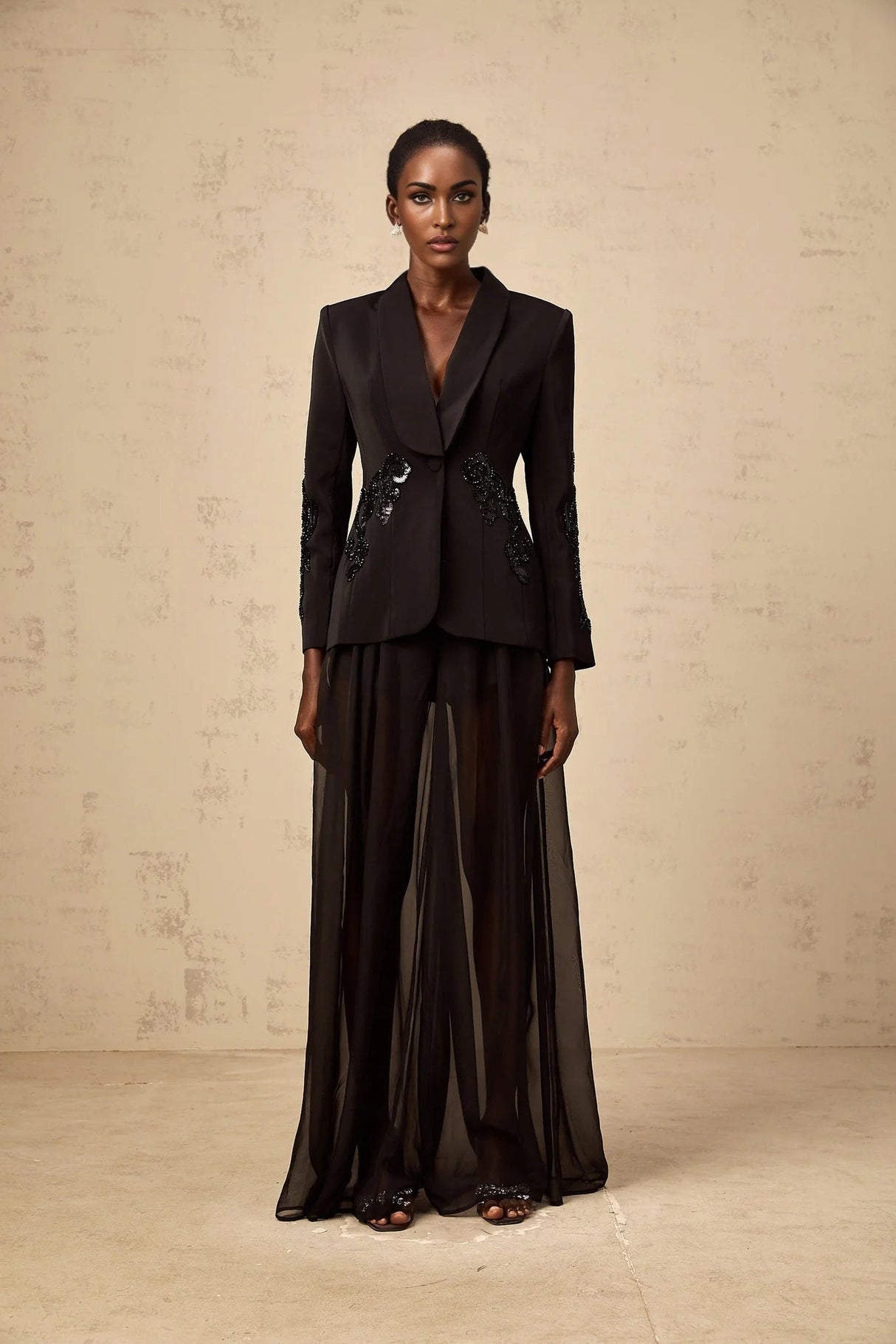 Zaira Blazer & Trousers Set Sequin Embellished Black Matching Suit