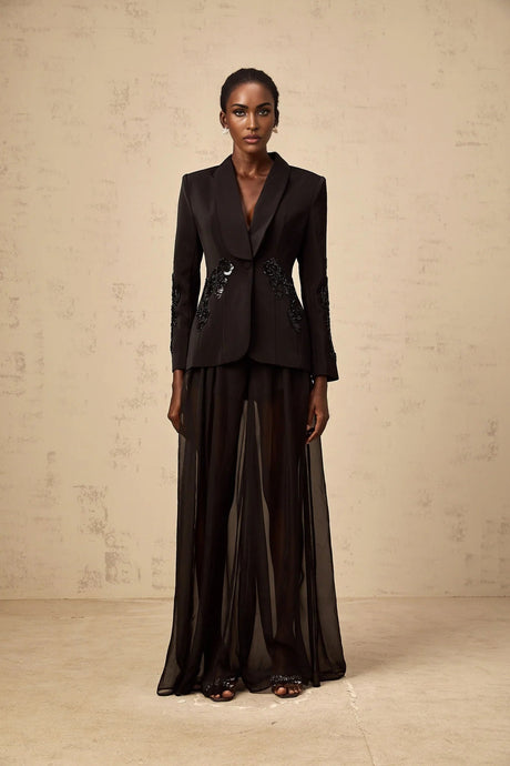 Zaira Blazer & Trousers Set Sequin Embellished Black Matching Suit