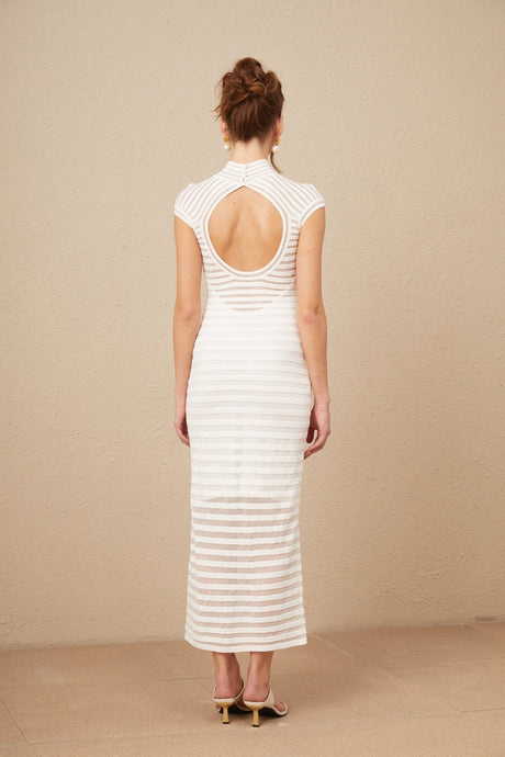 Zara Midi Dress White Tulle Horizontal Stripes Open Back Slip Pencil Silhouette