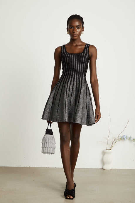 Zara Mini Dress Black Glitter Stripe Flare Gloss
