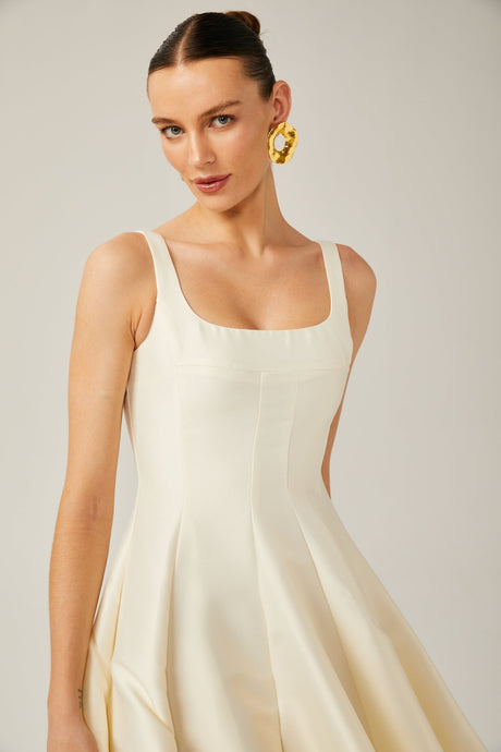 Zaylee Midi Dress Ivory White Satin Flare Pleated Calf - Length