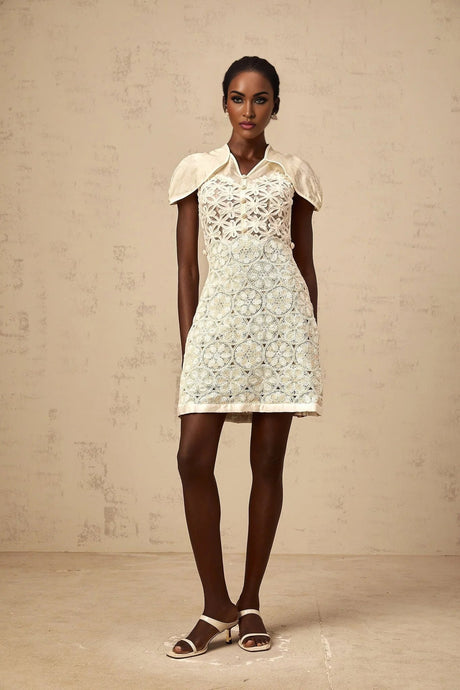 Zaylee Mini Dress White Organza Floral Embroidery Zip Fastening