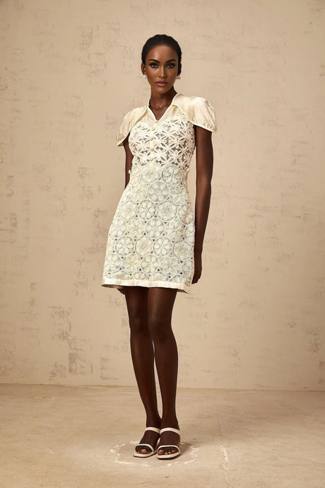 Zaylee Mini Dress White Organza Floral Embroidery Zip Fastening