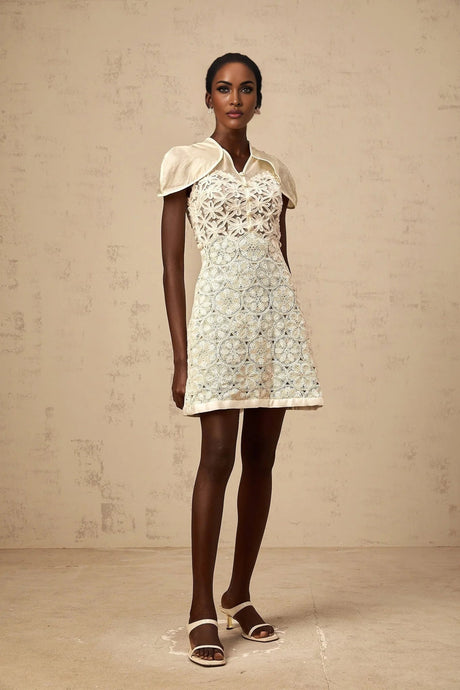 Zaylee Mini Dress White Organza Floral Embroidery Zip Fastening