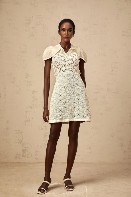 Zaylee Mini Dress White Organza Floral Embroidery Zip Fastening
