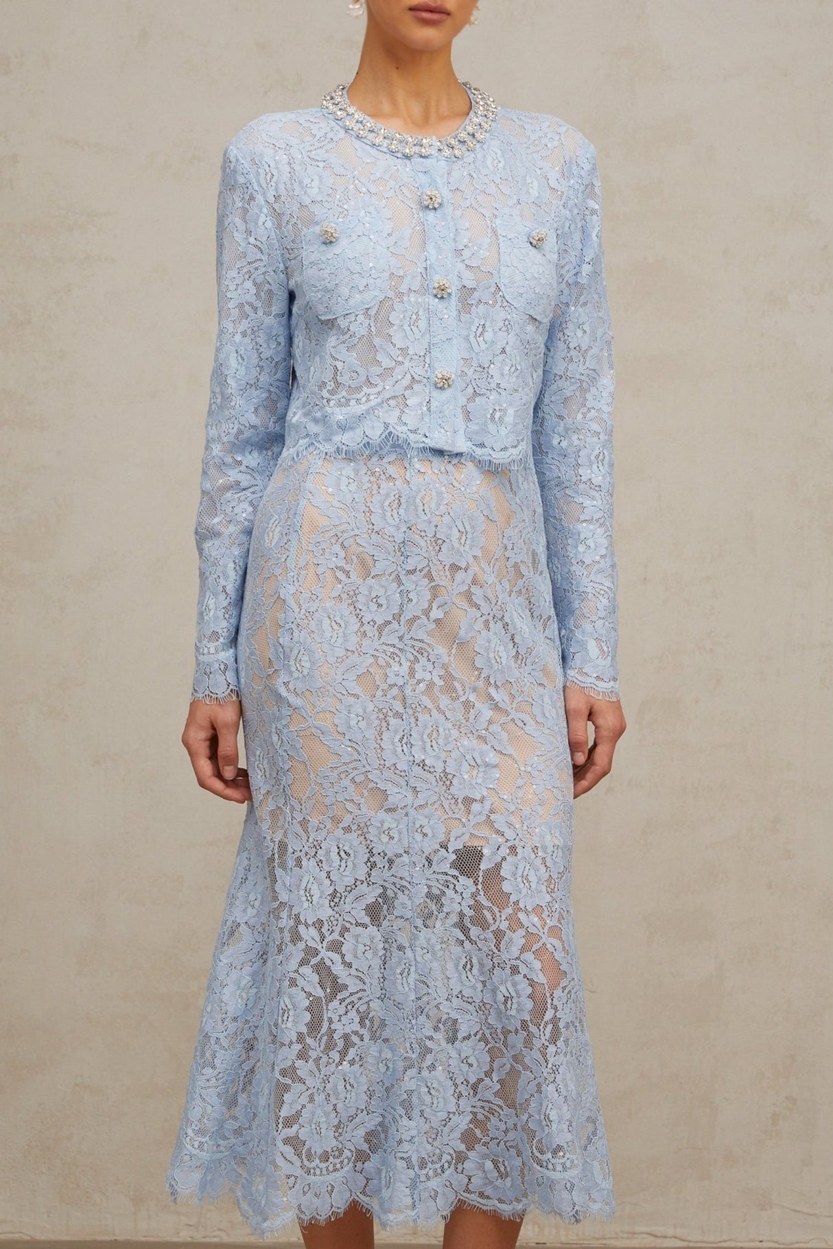 Zaylee Skirt & Top Set Blue Floral Lace Crystal Embellished