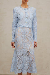 Zaylee Skirt & Top Set Blue Floral Lace Crystal Embellished