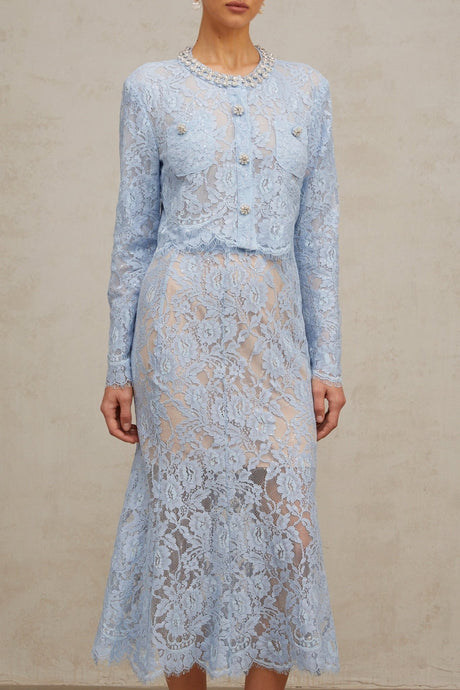 Zaylee Skirt & Top Set Blue Floral Lace Crystal Embellished