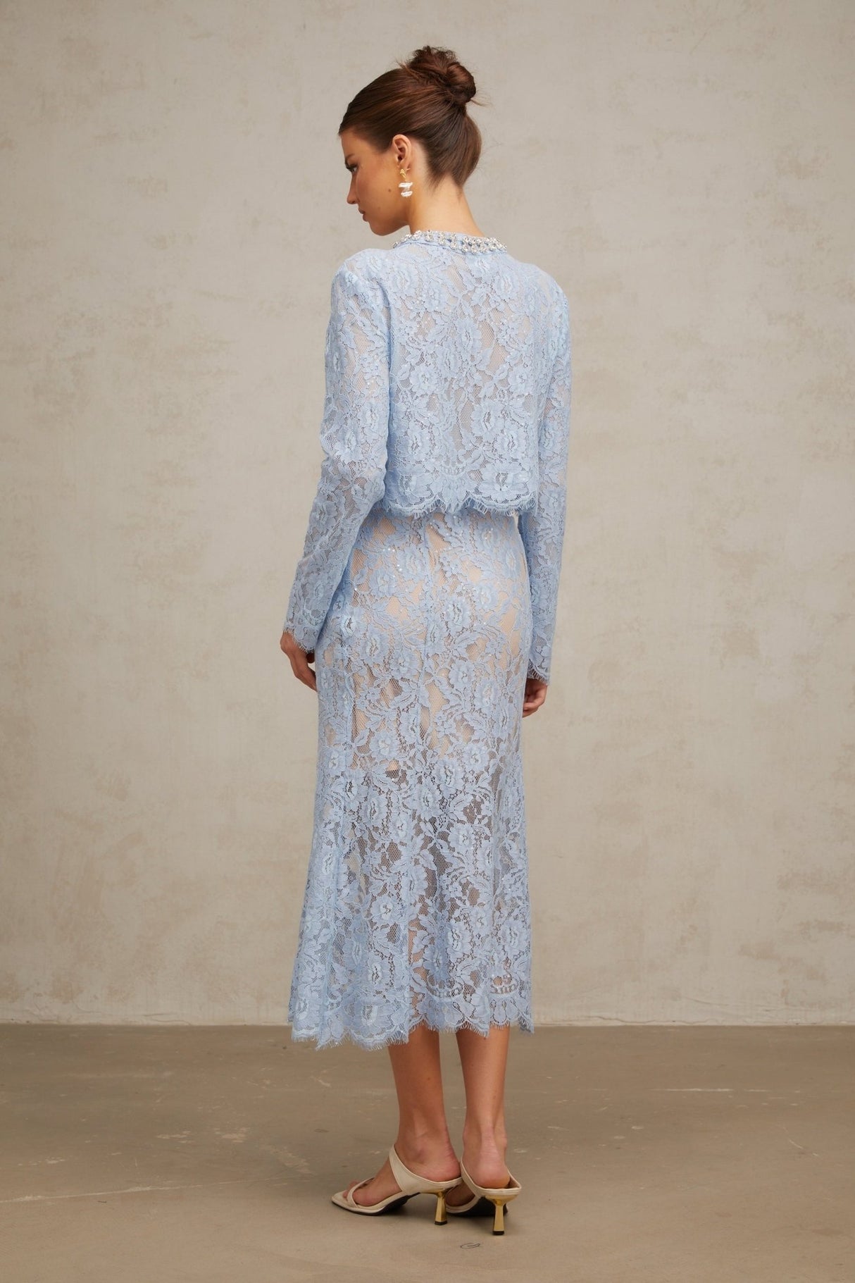 Zaylee Skirt & Top Set Blue Floral Lace Crystal Embellished