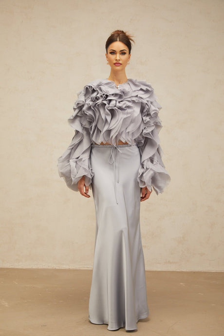 Zelda Blouse & Skirt Haze Blue Ruffled Bowknot Set