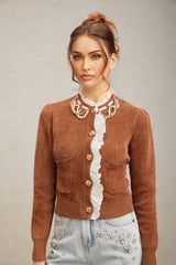 Zelinda Cardigan Brown & White Ruffled Knit Embellished
