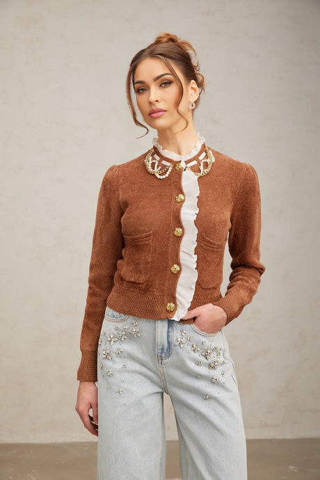 Zelinda Cardigan Brown & White Ruffled Knit Embellished