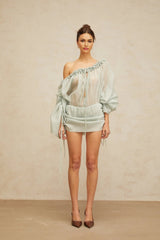 Zelinda Mini Dress Light Green Ruffled One - Shoulder & Open - Back