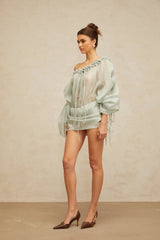 Zelinda Mini Dress Light Green Ruffled One - Shoulder & Open - Back