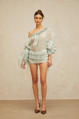 Zelinda Mini Dress Light Green Ruffled One - Shoulder & Open - Back