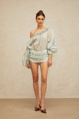 Zelinda Mini Dress Light Green Ruffled One - Shoulder & Open - Back