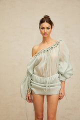 Zelinda Mini Dress Light Green Ruffled One - Shoulder & Open - Back