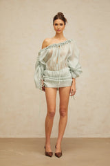 Zelinda Mini Dress Light Green Ruffled One - Shoulder & Open - Back