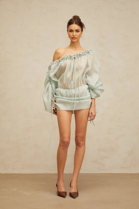 Zelinda Mini Dress Light Green Ruffled One - Shoulder & Open - Back