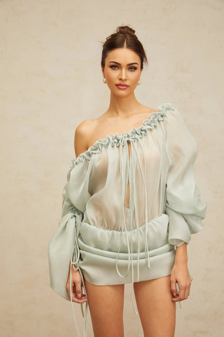 Zelinda Mini Dress Light Green Ruffled One - Shoulder & Open - Back