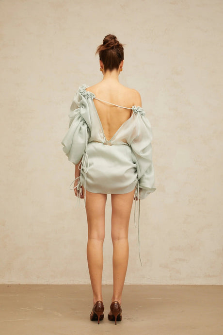 Zelinda Mini Dress Light Green Ruffled One - Shoulder & Open - Back