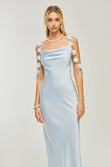 Zelmira Floral Maxi Dress in Light Blue Satin with Cowl Neck and Low Back Design