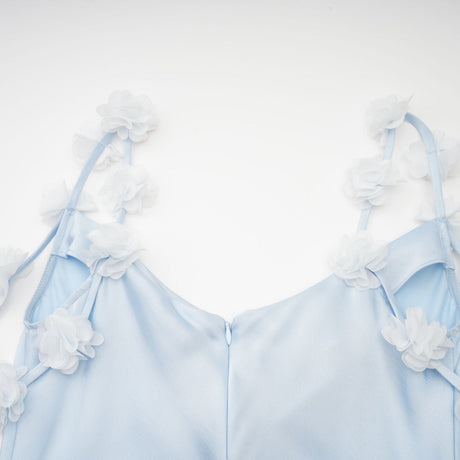 Zelmira Floral Maxi Dress in Light Blue Satin with Cowl Neck and Low Back Design
