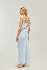 Zelmira Floral Maxi Dress in Light Blue Satin with Cowl Neck and Low Back Design