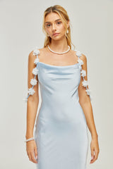 Zelmira Floral Maxi Dress in Light Blue Satin with Cowl Neck and Low Back Design