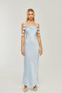 Zelmira Floral Maxi Dress in Light Blue Satin with Cowl Neck and Low Back Design