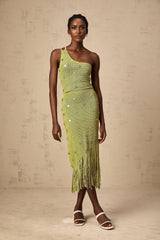 Zelmira Top & Skirt Set Green Embellished Knit Cropped Fringed Calf - Length