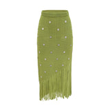 Zelmira Top & Skirt Set Green Embellished Knit Cropped Fringed Calf - Length