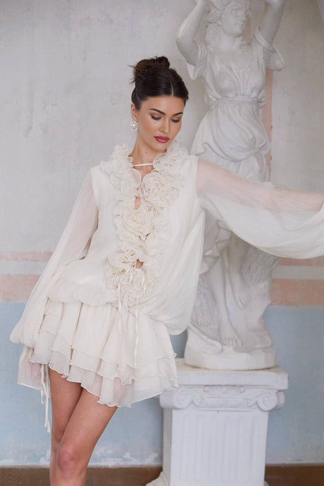 Zephyrine mini dress with tiered skirt and floral applique details in neutral tones