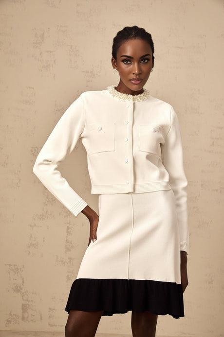 Zita Knitted Cardigan White Black Faux Pearl Embellishment Button