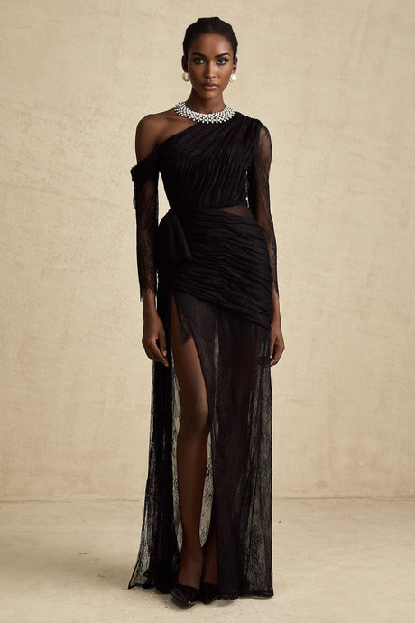 Zita Maxi Dress - Classic Blac - One - Shoulder Asymmetric Design with Lace Detailing