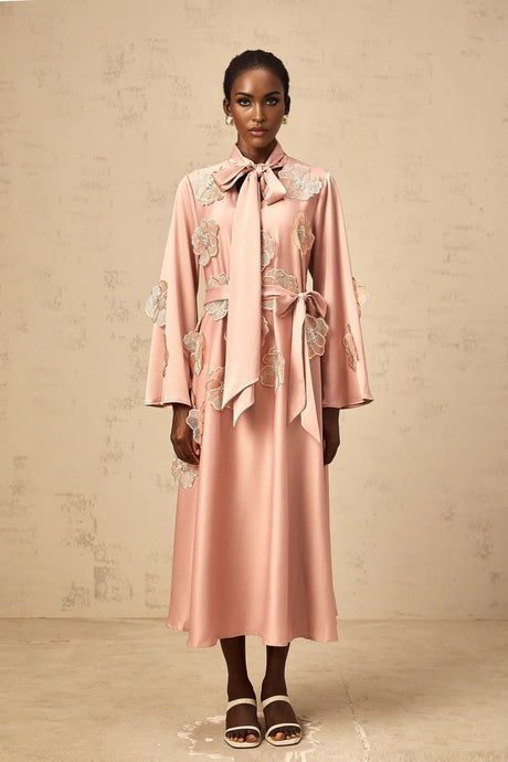 Zita Midi Dress Pink Floral Appliqu Embellished & Flared
