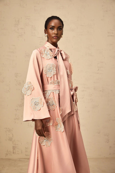 Zita Midi Dress Pink Floral Appliqu Embellished & Flared