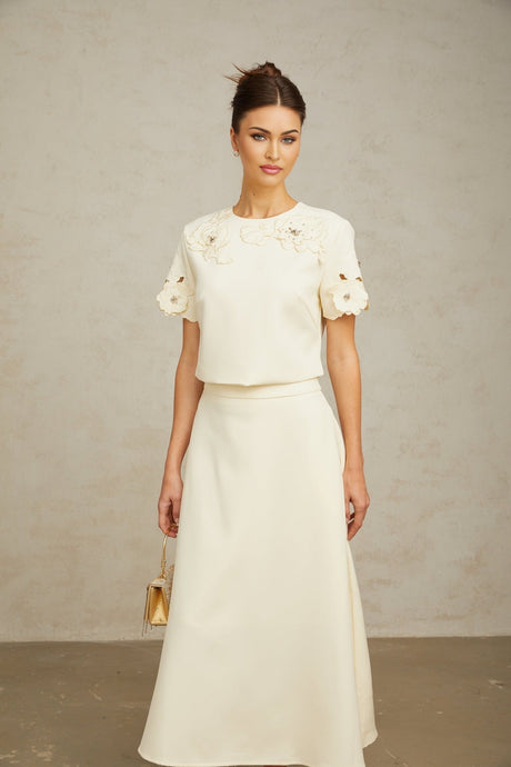 Zita Neutrals Skirt & Top Set 3D Petal Crystal Embellishment