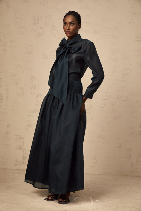 Zoé darkgreen ribbon tieneck shirt  skirt matching set