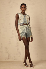 Zoey Denim Shorts Blue Boho Fringed Crochet Belt High Rise & Frayed Edge