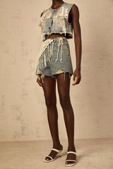 Zoey Denim Shorts Blue Boho Fringed Crochet Belt High Rise & Frayed Edge