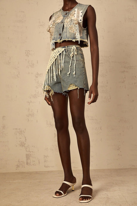 Zoey Denim Shorts Blue Boho Fringed Crochet Belt High Rise & Frayed Edge