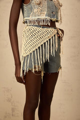 Zoey Denim Shorts Blue Boho Fringed Crochet Belt High Rise & Frayed Edge