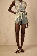 Zoey Denim Shorts Blue Boho Fringed Crochet Belt High Rise & Frayed Edge